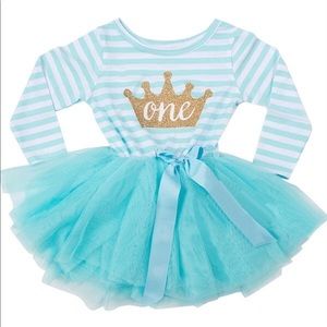 Turquoise Blue and White Striped Infant Dress